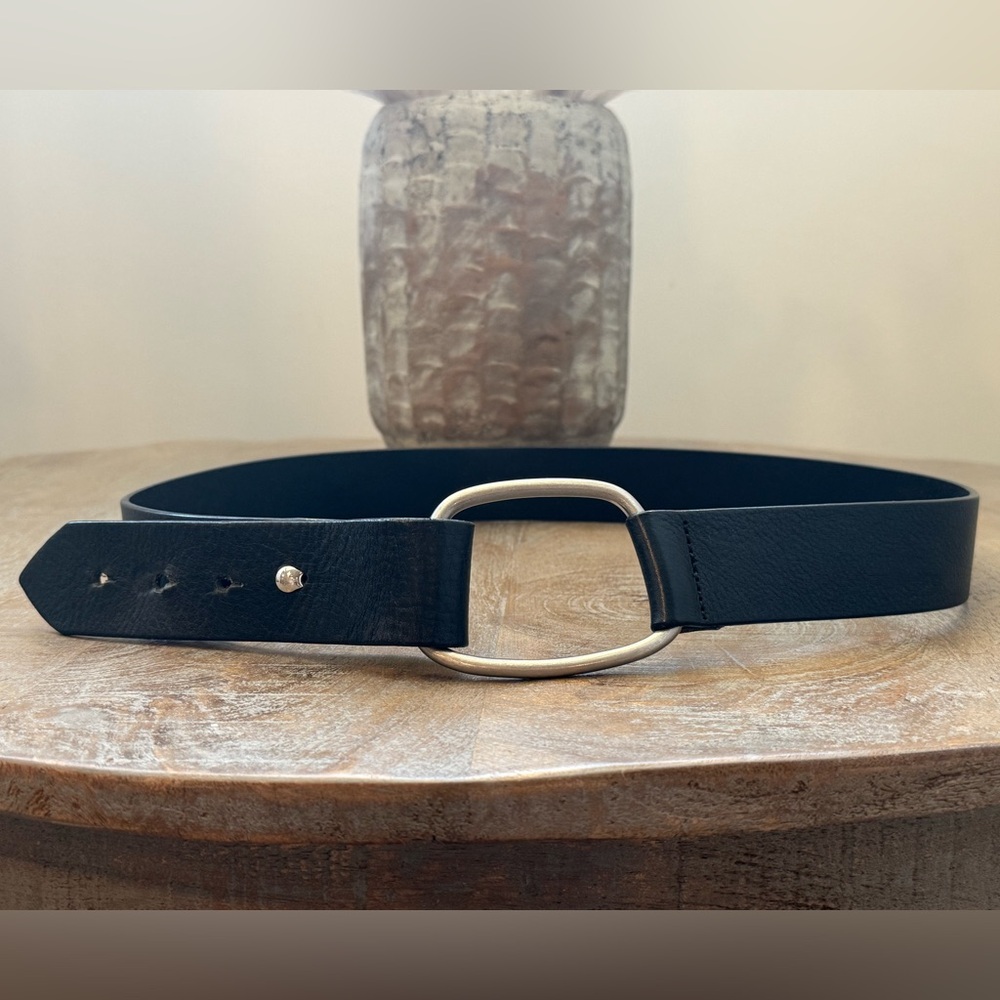 J.Jill Boho Italian Leather Belt Silvertone Hardware Chunky Black Womens Medium
